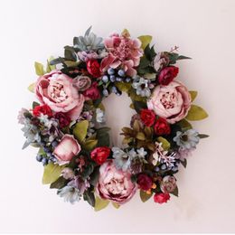 Decorative Flowers 35cm Artificial Peony Hydrangea Flower Front Door Wreath For Spring Summer Round Twigs Vine Hanging Garland Home Wedding