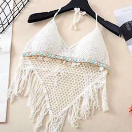 Women's Tanks Women Bohemian Style Halter Camisole Knitted Beachwear With Pad Crochet Tops Bikini Top Tassel Camis V Neck Hollow Out