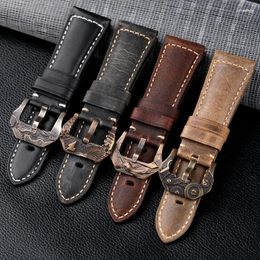 Watch Bands Handmade Bronze Buckle Leather Watchband Suitable For Men's Strap 22 24 26MM Black Brown Italian Top Layer Cowhide