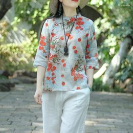 Women's Blouses Retro Chinese Style Shirt Stand Collar Buckle Cotton And Linen Improved Cheongsam Loose Vintage Print Top Women Casual