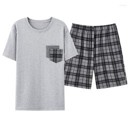 Men's Sleepwear Men Pajamas Short Sleeve Shorts Cotton Plaid O-neck Summer Home Clothes Big Yards L-4XL Young Male Homewear Set