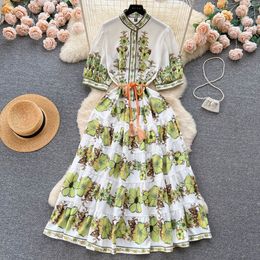 Light luxury high-end feeling heavy industry positioning printed standing neck short sleeved dress with tie up waist A-line large swing skirt