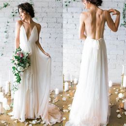 2020 Simple Sexy Plunging V Neck Straps Spaghetti Sheath Chiffon Wedding Dresses Backless Long Cheap Bridal Gowns Summer Beach Wed228y