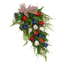 Decorative Flowers 4th Of July Door Wreath Patriotic Americana Spring Colourful Garland For Memorial Day Artificial Tulip Blossoms