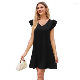 Casual Dresses Loose-Fit Summer Dress For Women Ruffle Short Sleeves Solid Color Fashion V-neck Holiday