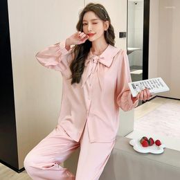 Women's Sleepwear Cute 2PCS PJS Set Elegant Pajamas Women Long Sleeve Shirt&Pants With Bowknot Pyjamas Princess Loungewear Elastic Waist