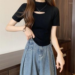 Women's T Shirts Sexy Casual Hollow Short T-shirt Solid Colour Design Sense Small Version Sleeve 2023 Slim-fit Basic Niche Clothes
