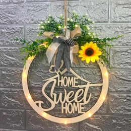 Decorative Flowers Wooden Front Door Hanging Garland With Light Hollow Simulation Flower Doorsign Wall Pendant Ornaments Reusable For Garden