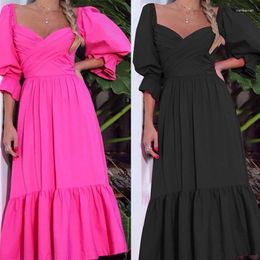 Casual Dresses Fashion Off Shoulder High Waist V Neck Solid Color Bohemian Vacation Dress Women Summer Corset Ruffle Long