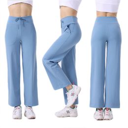 Women's New nylon loose micro flared straight leg pants with waistband and hip lifting drawstring for running fitness yoga wide leg pants for LL Yoga Outfit