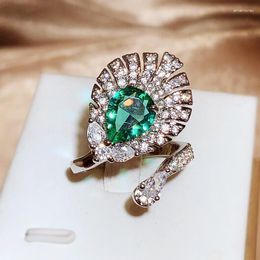 Wedding Rings Vintage Luxury Premium Green Zirconia Opening Adjustable Peacock Screen Ring Women's Cocktail Anniversary Jewellery