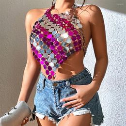 Women's Tanks European Handmade Paillette Sequined Vest For Women Backless Hanging Neck Camis Tube Top Sexy Night Club Breast Body Chain