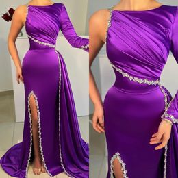 Elegant Purple Evening Dresses One Shoulder Beads Split Party Prom Dress Sweep Train Formal Long Dress for red carpet special occasion