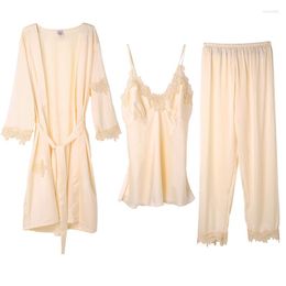 Women's Sleepwear Women 3PCS Pyjamas Set With Belt Sexy V-Neck Strap Top&Pant Casual Faux Silk Bathrobe Lace Flower Trim Home Clothes