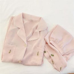 Women's Sleepwear Pink Embroidery Pyjamas Set Summer Shoort Sleeve Shorts Pijamas Suit Sweet Loose Silk Satin Home Wear Loungewear