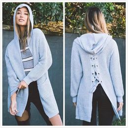 Women's Knits BKLD 2023 Winter Women Long Cardigans Sleeve Open Stitch Knit Sweater Hooded Pockets Back Lace Up Jacket Coat