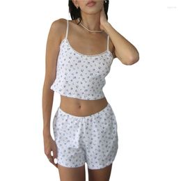 Women's Tracksuits Y2k Loungewear Set Cute Fairycore Aesthetic Women Floral Print Spaghetti Strap Sleeveless Crop Top And Shorts Summer