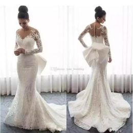 2019 Lace Mermaid Wedding Dresses Sheer Neck Long Sleeves Appliques bow Saudi Arabic bridal Gowns With Detachable Train buttons Br241i