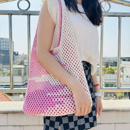 Evening Bags Women Crochet Tote Bag Aesthetic Cute Knitted Underarm Hollow Contrast Colors Fairycore Mesh Summer Shopping