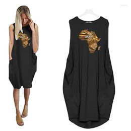 Casual Dresses African Map Plate Printed Black Dress 2023 Elegant Vintage Woman Summer Beach Sleeveless Girls Women