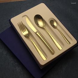 Dinnerware Sets 4pcs/set Hammered Dots Golden Stainless Steel Gold Cutlery Fork Knife Spoon Set Wedding Tableware Xmas Dinner