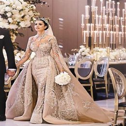 Luxury Arabic Champagne Mermaid Wedding Dresses With Detachable Train High Neck 3D Lace Long Sleeves Bridal Gowns Bling robe de ma2120