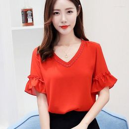 Women's Blouses Chiffon Shirt Short Sleeve Fashion Red Sweater Korean Style Women's Clothing Pleating V-neck Ruffle Top For Women