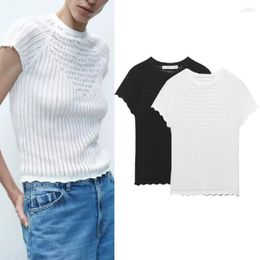 Women's Tanks Women's COS LRIS European And American 2023 Summer White T-shirt Round Neck Straight Tube Slim Jacquard Mesh Knitted Top