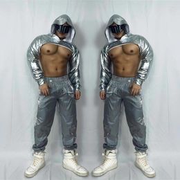 Stage Wear Bar Nightclub Male DJ Dancer Gogo Costume Silver Hooded Tops Pants Outfit Party Show Pole Dancing Performance Clothes