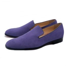 New Style Light Purple Suede Loafers Mens Mocasines Slippers Wedding Shoes Slip On Flats Summer Leather Casual Shoes