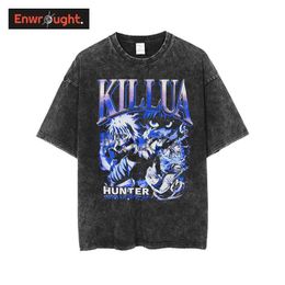 Men's T-Shirts Anime Hunter X Hunter T Shirts Men Harajuku Vintage Washed Manga Killua Zoldy Printed Tshirt 100 Cotton Hip Hop Tops Tees J230625