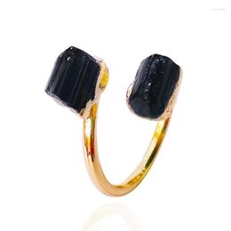 Cluster Rings Irregular Rough Stone Open Ring For Women Gold-color Plated Raw Tourmaline Finger Jewellery Black Resizable