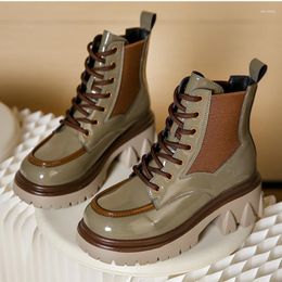 Boots Winter Women Patent Leather Biker Waterproof High Top Shoes Heels Fashion Ankle Short Bottine