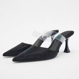 Сандалии женские высокие каблуки 2023 г. весенний черный бриллиант заостренные модные насосы Стилетто Слингбек Женская обувь мулы