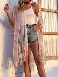 Women's Swimwear Women's Women Beach Sun Shirts Long Fringe Decorative Solid Colour Hollow Loose Knit Sweater Cloak Cape Shawl