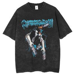 Men's Clothing | Anime Chainsaw Man Digital Print Street Worn Short Sleeve T-shirt Loose Made Old High Street T