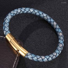 Charm Bracelets Trendy Jewellery Men Women Blue Braided Leather Bracelet Male Female Bangle Stainless Steel Clasp Unisex Wristband SP0466 Raym