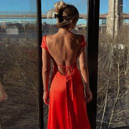 Casual Dresses Cut Out Backless Long Satin Dress Women Elegant Formal Occasion 2023 Lace Up High Slit Evening Party Red