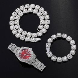 Necklaces Hip Hop 12MM 3PCS KIT Watch+Necklace+Bracelet Bling Crystal AAA+ Iced Out Cuban Rhinestones Chains For Women Men Jewellery