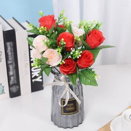 Decorative Flowers 6 Heads Mini Roses Bouquet Artificial Flower Wedding Scene Layout Fake Living Room Christmas Home Desk Decor Accessories