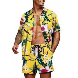 Men's Tracksuits Summer Fashion Flower Prints Short Sleeves Shirts Suit Casual Hawaii Vacation Top and Pants Men's Suit 230621