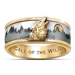 Band Rings Wolf Pattern Gold Colour Ring Wild Design Flat Ring Hip Hop Style Finger Accessories Jewellery For Men Woman Cool Band x0625