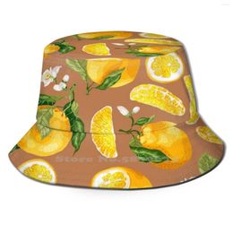 Berets Orange Modern Uv Foldable Bucket Hats Women Men Blooming Lemon Vector Citrus Slice Isolated Vintage Leaf Fruit Juice