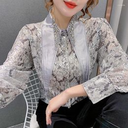 Women's Blouses Luxury Beaded Chiffon Shirts Retro Leopard Printed Sequined Diamonds Cardigan Long-sleeved Turn Down Collar Tops Blusas