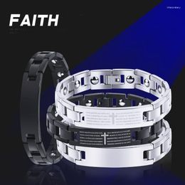 Bangle Fashion Style Cross Bible Scripture Men Bracelet Stainless Steel Black Or Silver Colour Faith Melv22