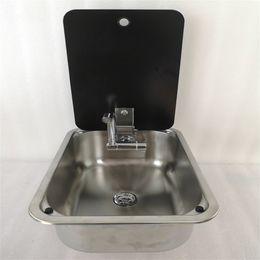 Stainless Steel Sink Tempered Glass Lid 380*280*136mm Boat Caravan RV GR-566B