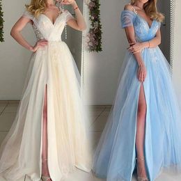 Party Dresses Sexy V-Neck Long Prom High Splits A-Line Lace Formal Gown Elegant Evening Dress Wedding Bridesmaid Vestidos