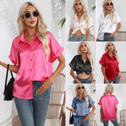 Women's Blouses Summer Satin Silk Short Sleeve Top Women's Shirts Loose Casual Fashion Ladies Work Black White Party Clothing