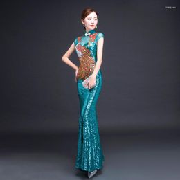 Ethnic Clothing Peacock Embroidery Sequins Chinese Style Long Cheongsam Sexy Slim Party Evening Dress Stage Dance Dressing Qipao Vestidos