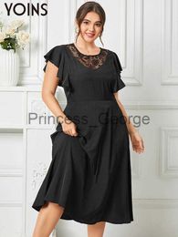 Casual Dresses YOINS Elegant Black Midi Dress Women Short Sleeve Ruffled Shirt Sundress Plus Size 2023 Summer Casual Lace Patchwork Vestidos x0625